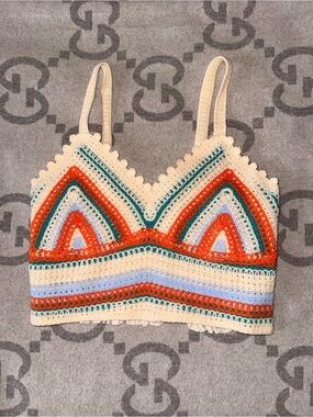 🌼 Crochet V-Neck Bralette Top in Cream with Orange & Green Accents